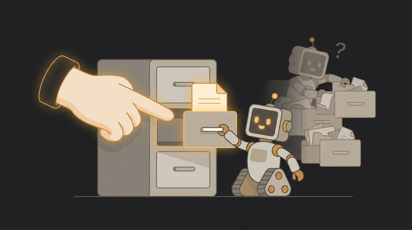 The robot walks straight to the one labeled drawer it needs because a hand points right at it, instead of rummaging through many