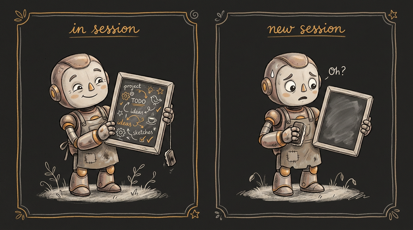 A two-panel scene: on the left, a friendly little robot holds a chalkboard scratchpad covered with cheerful scribbles — small notes, words, tiny drawings of the current project. On the right, labelled 'new session', the same robot stands with the same chalkboard wiped completely blank, looking puzzled