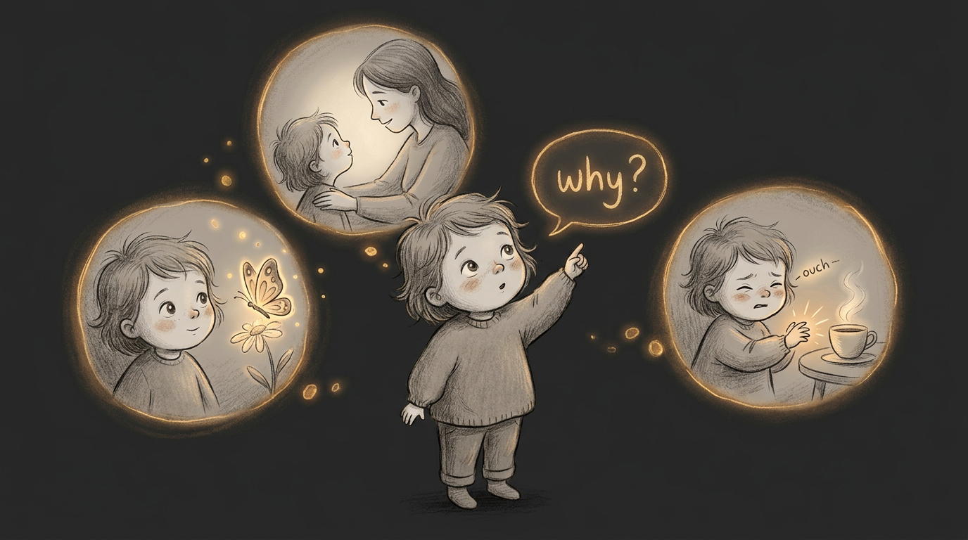 A small child at the center surrounded by glowing little scenes — pointing at something with a 'why?' bubble, watching a butterfly, the moment after touching a hot cup, looking up to read her mother's expression — each scene softly luminous to suggest the meaningful ones being kept