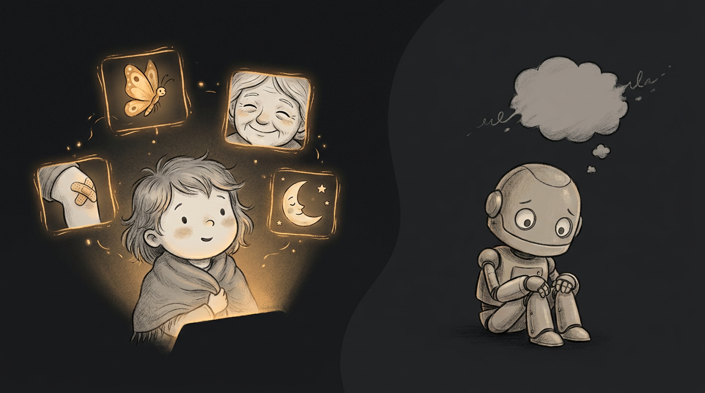 A small child's head glowing with vivid memory fragments — a butterfly, a grandmother's smile, a band-aid on a knee — next to a friendly robot whose thought-cloud has just been wiped blank
