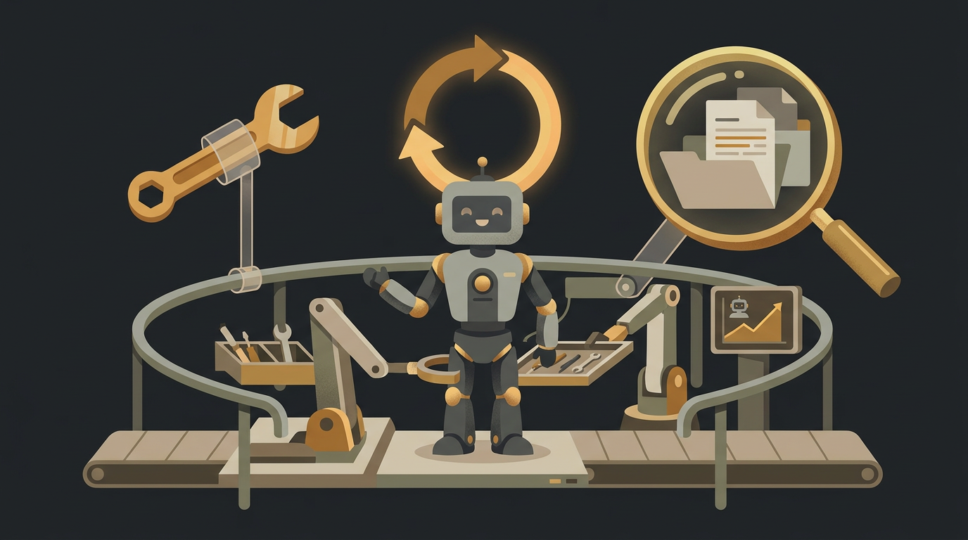 A happy robot working in a well-equipped workshop full of helpful tools — its harness