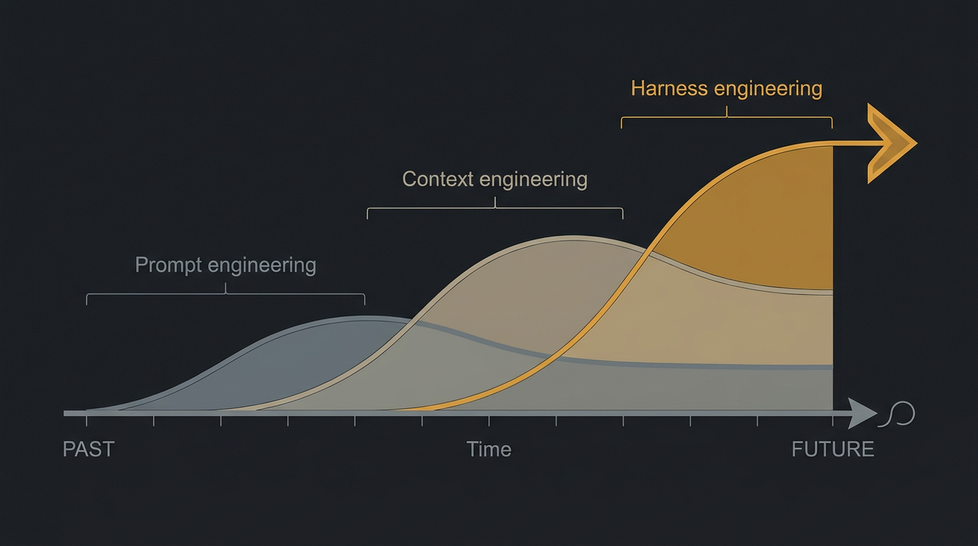 A timeline of three overlapping waves: prompt, context, then harness engineering