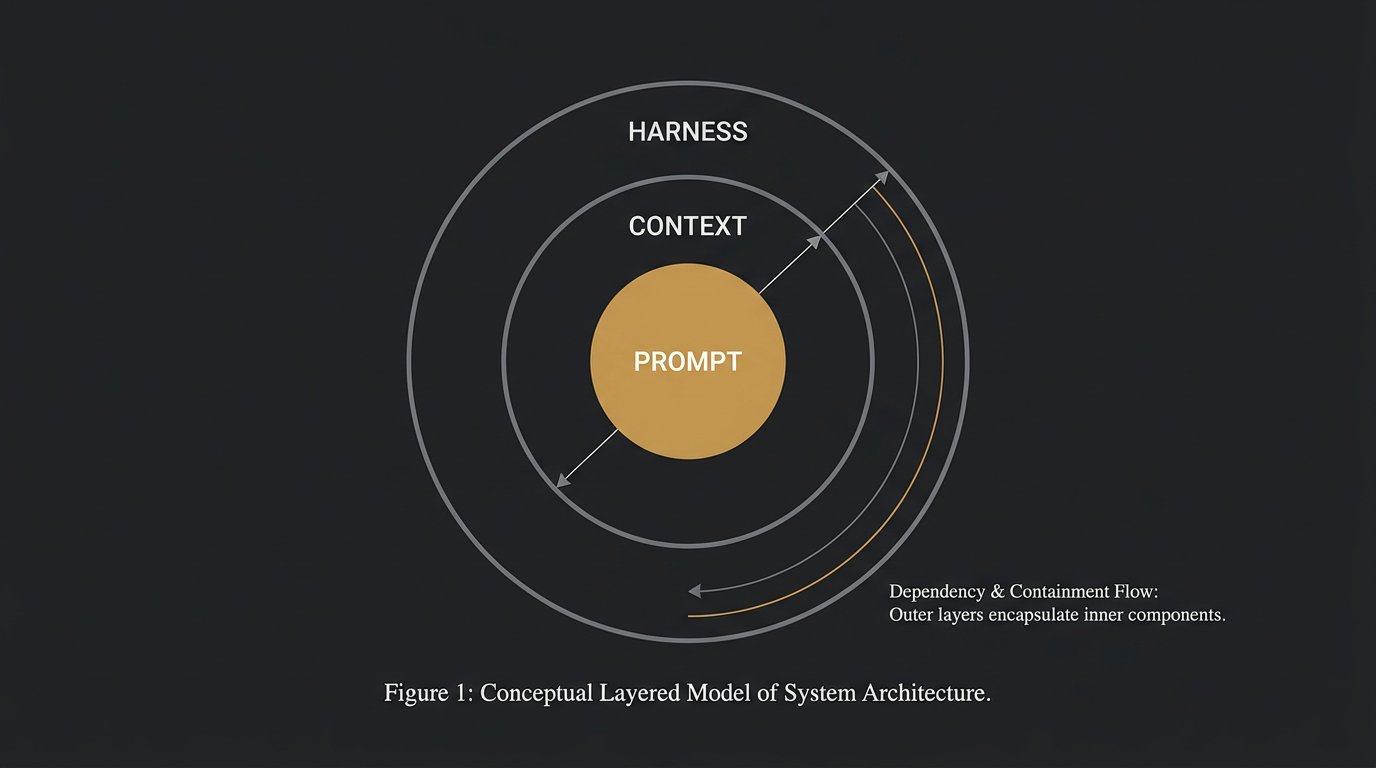 Three nested layers shown as boxes inside boxes — a small prompt inside a larger context box, both inside an even larger harness box
